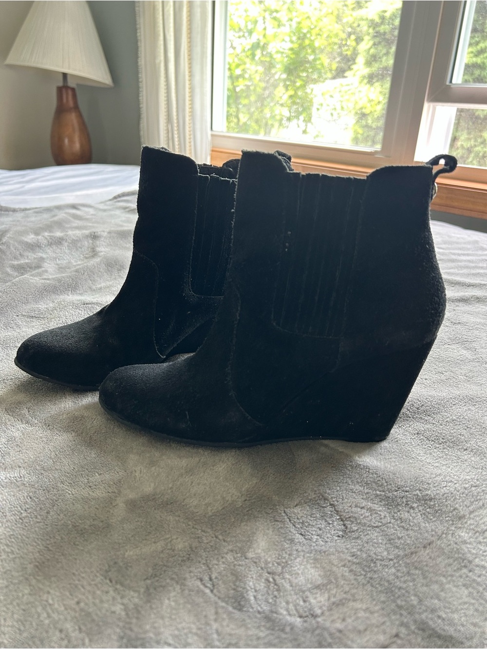 BCBG Black Suede Wedge Ankle Booties